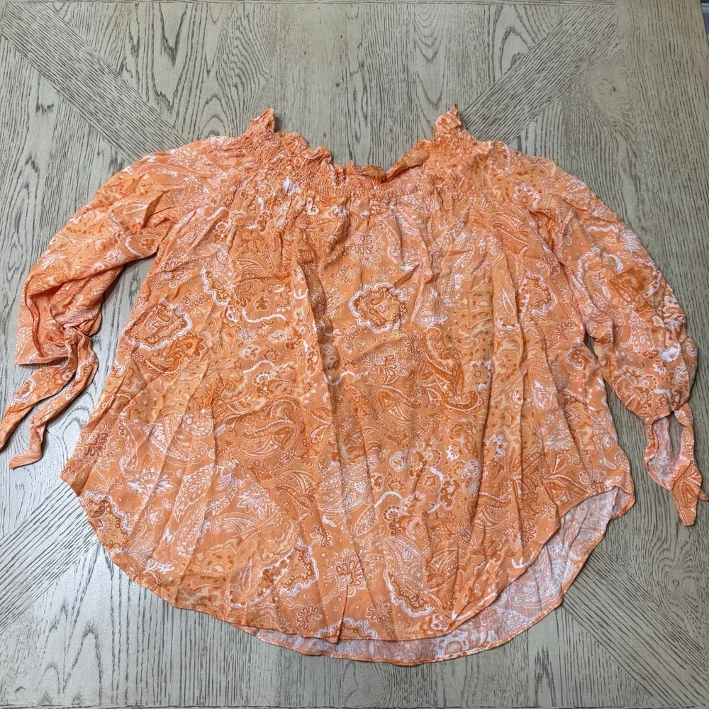 Michael Kors Large Orange Paisley Off The Shoulder Blouse Peasant Top‎